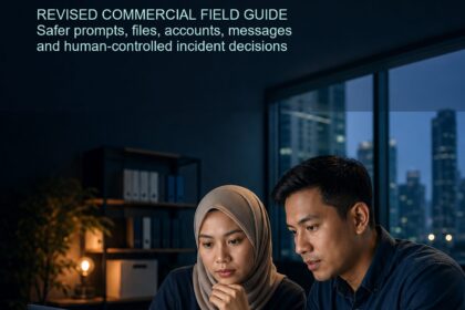 AI Cybersecurity Malaysia cover showing two Malaysian professionals reviewing a suspicious request in a Kuala Lumpur workspace