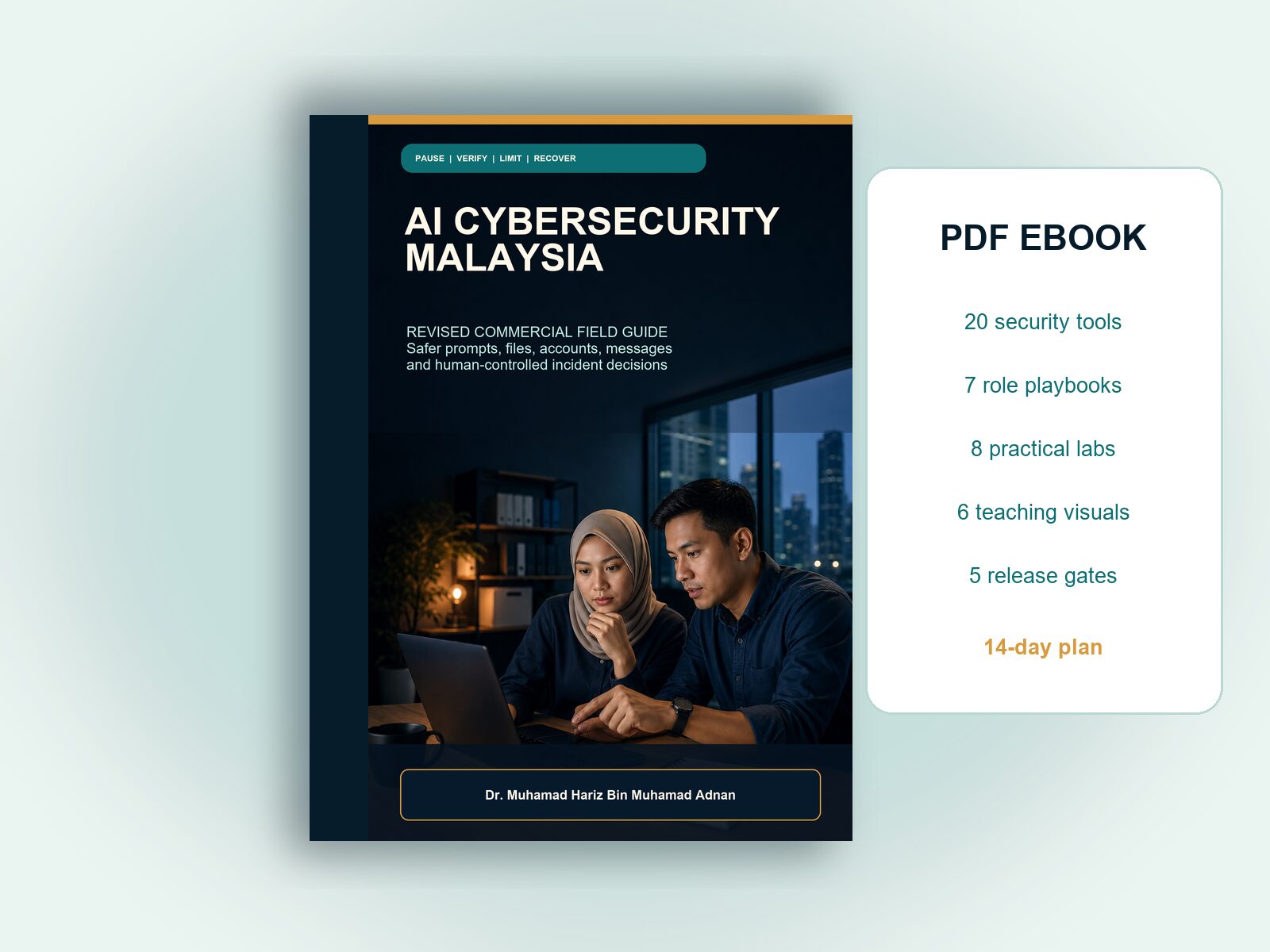 AI Cybersecurity Malaysia ebook mockup with 20 tools, seven playbooks, eight labs, six instructional visuals and five release gates