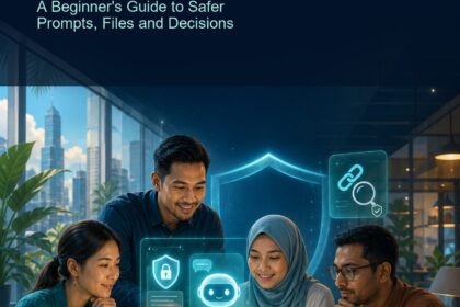 AI Cybersecurity Malaysia ebook cover with an abstract shield, secure data pathways and Malaysian-inspired red and blue accents