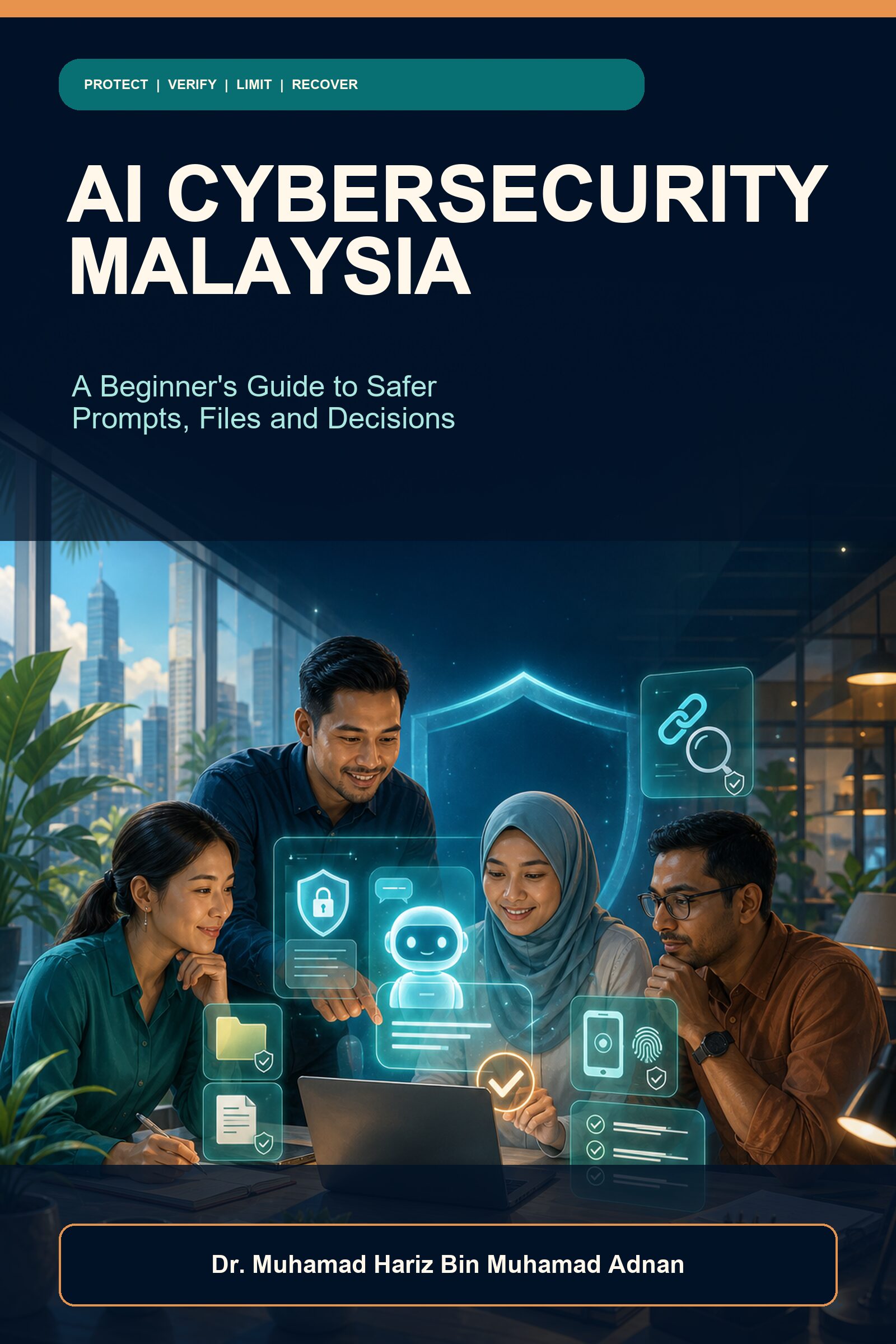 AI Cybersecurity Malaysia ebook cover with an abstract shield, secure data pathways and Malaysian-inspired red and blue accents