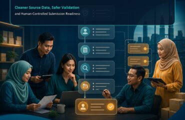 AI e-Invoice Operations Malaysia ebook cover showing a Malaysian SME team tracing invoice data through validation checkpoints to accountable human approval