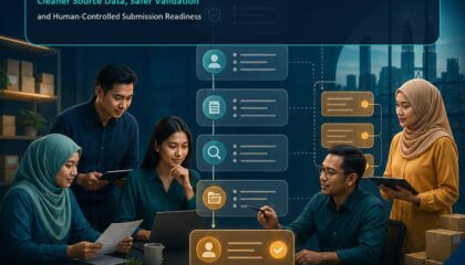 AI e-Invoice Operations Malaysia ebook cover showing a Malaysian SME team tracing invoice data through validation checkpoints to accountable human approval