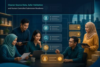 AI e-Invoice Operations Malaysia ebook cover showing a Malaysian SME team tracing invoice data through validation checkpoints to accountable human approval