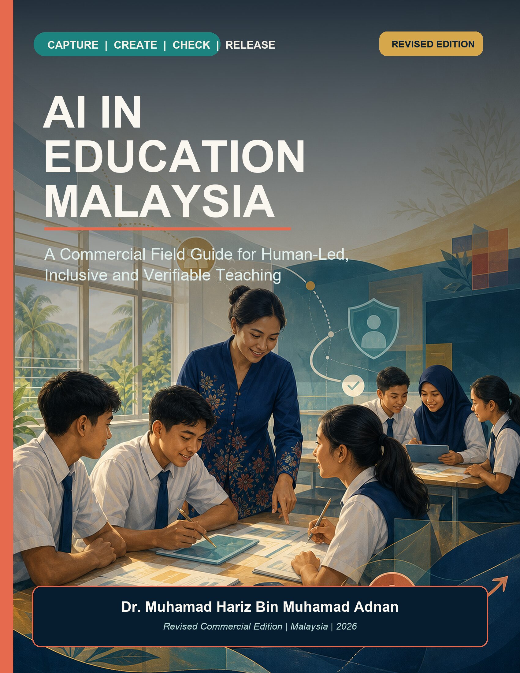 AI in Education Malaysia commercial field guide cover showing a Malaysian teacher guiding collaborative classroom learning