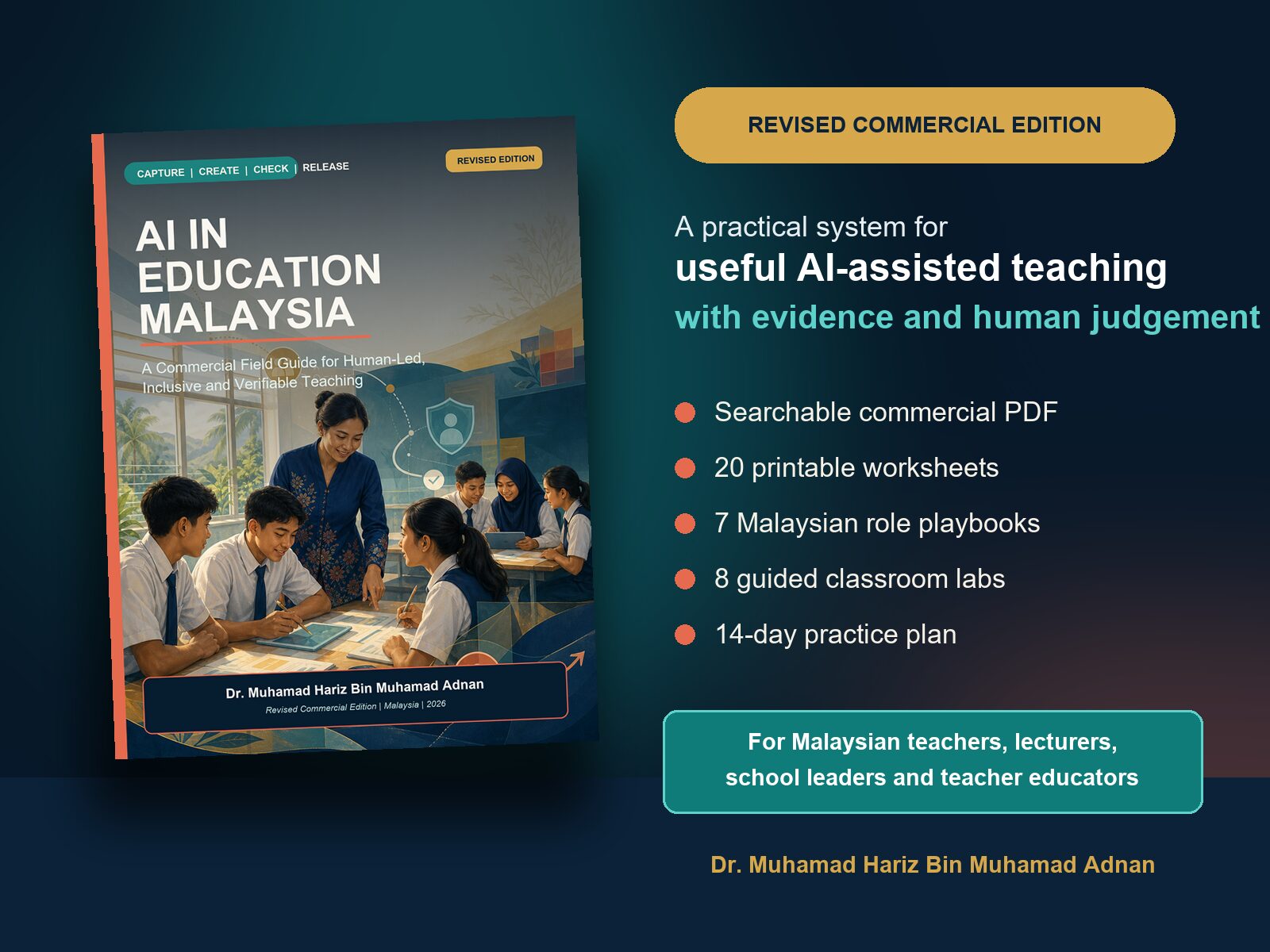 AI in Education Malaysia commercial ebook mockup with teacher tools, playbooks, labs and five-gate workflow