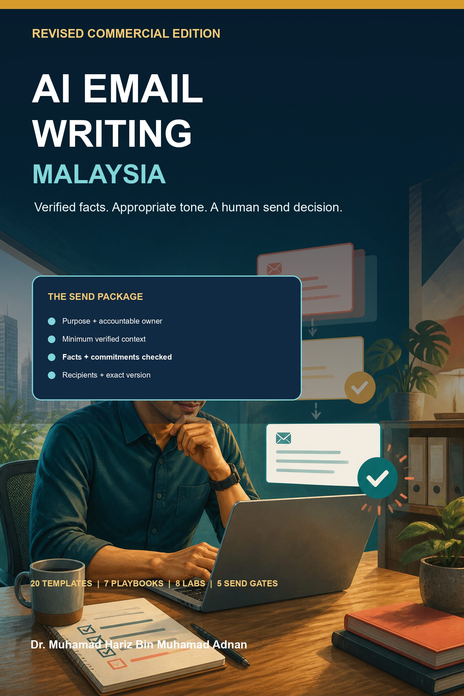 AI Email Writing Malaysia commercial ebook cover showing a Malaysian professional reviewing an email draft against a checklist before sending