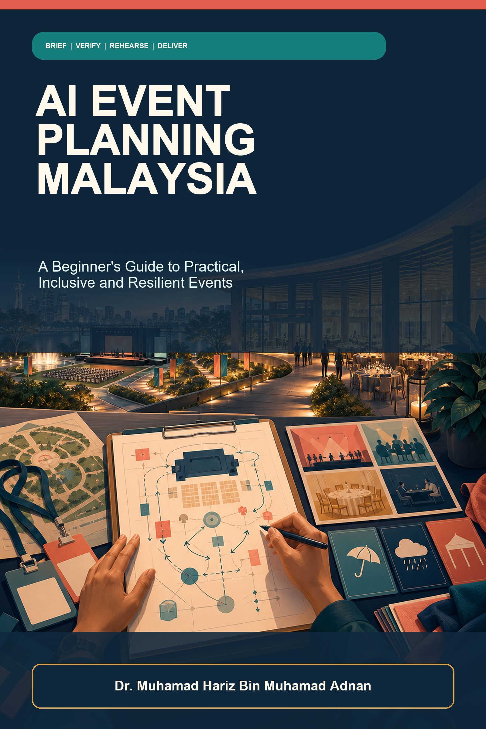 AI Event Planning Malaysia ebook cover showing an organiser reviewing a venue floor plan, guest flow, programme cards and weather backups