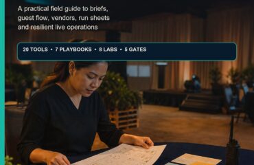 AI Event Planning Malaysia ebook cover showing a Malaysian organiser reviewing venue maps, run sheets and control cards