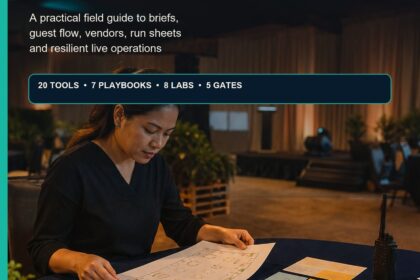 AI Event Planning Malaysia ebook cover showing a Malaysian organiser reviewing venue maps, run sheets and control cards