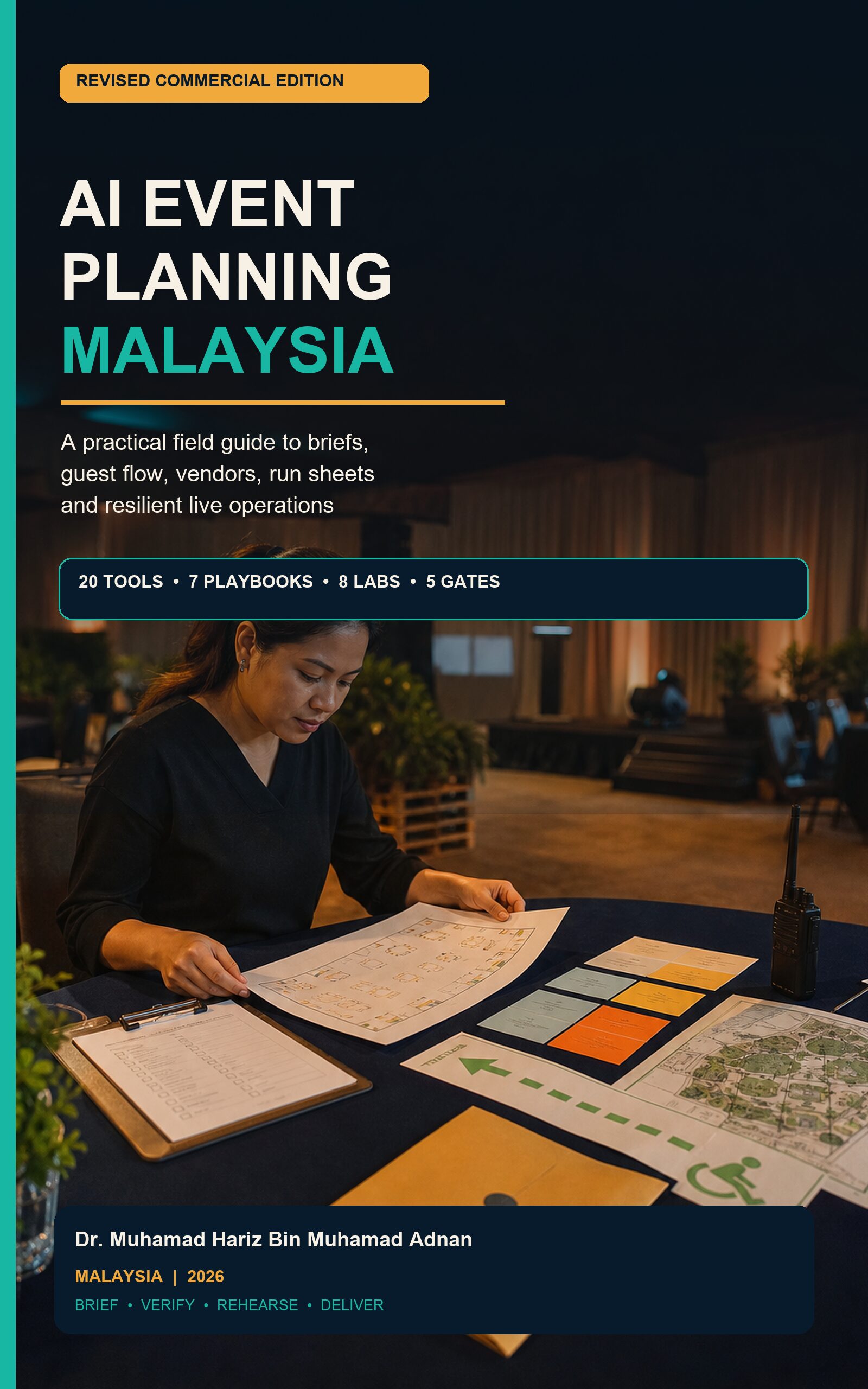 AI Event Planning Malaysia ebook cover showing a Malaysian organiser reviewing venue maps, run sheets and control cards