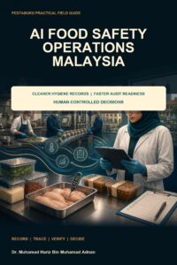 AI Food Safety Operations Malaysia ebook cover showing kitchen and factory records moving through evidence checks to human approval