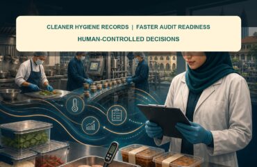 AI Food Safety Operations Malaysia ebook cover showing kitchen and factory records moving through evidence checks to human approval