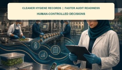 AI Food Safety Operations Malaysia ebook cover showing kitchen and factory records moving through evidence checks to human approval