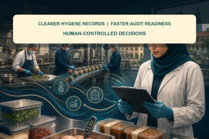 AI Food Safety Operations Malaysia ebook cover showing kitchen and factory records moving through evidence checks to human approval
