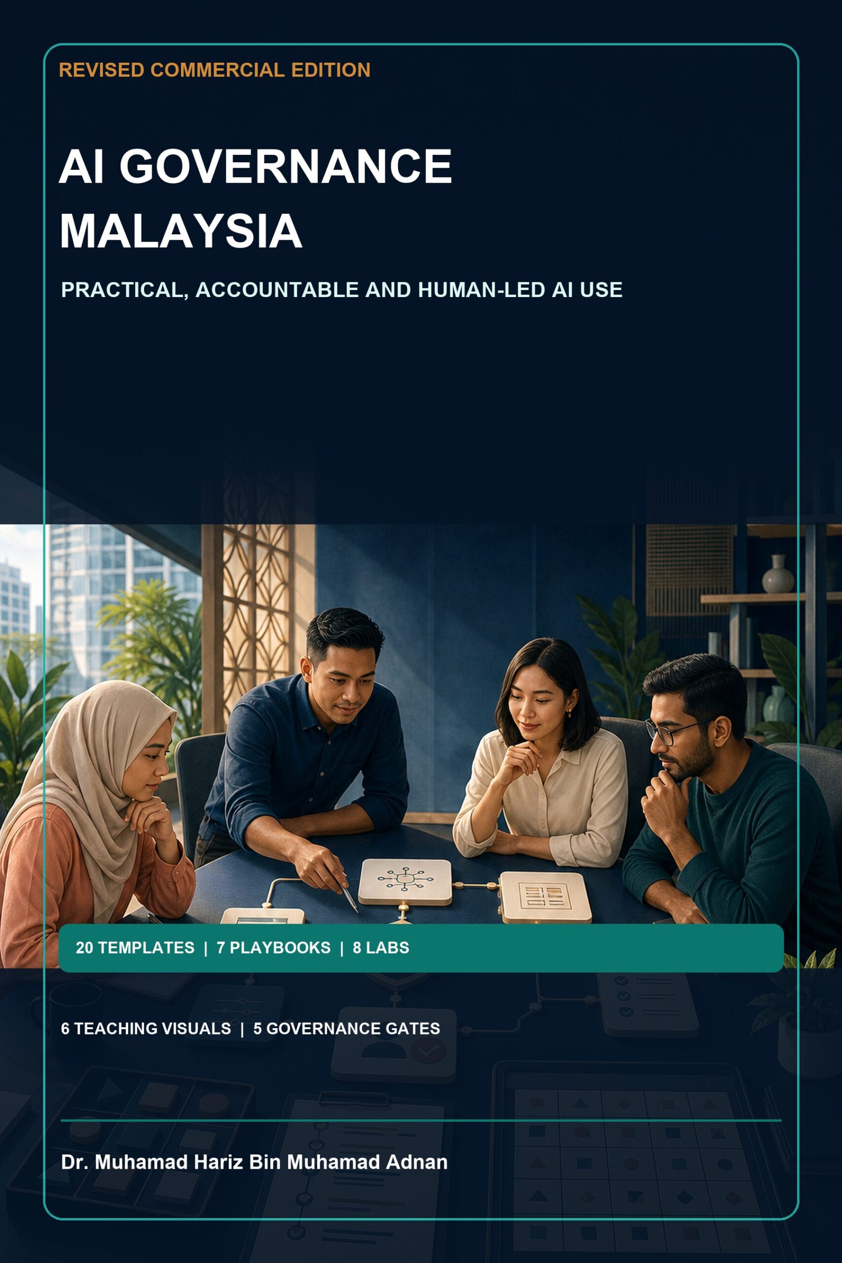 AI Governance Malaysia commercial ebook cover showing a Malaysian team reviewing a governance workflow and human release checkpoint