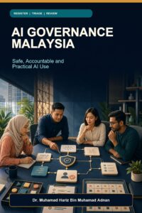 AI Governance Malaysia ebook cover with a diverse Malaysian team reviewing an AI workflow, risk register and human approval checkpoint