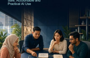 AI Governance Malaysia ebook cover with a diverse Malaysian team reviewing an AI workflow, risk register and human approval checkpoint