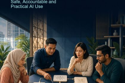 AI Governance Malaysia ebook cover with a diverse Malaysian team reviewing an AI workflow, risk register and human approval checkpoint