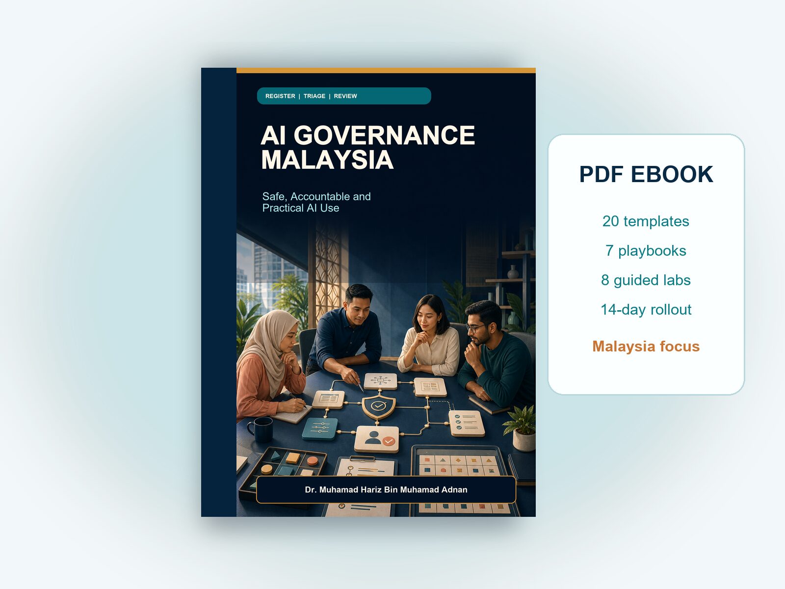AI Governance Malaysia ebook displayed as a digital book mockup with 20 templates, seven playbooks, eight labs and a 14-day rollout