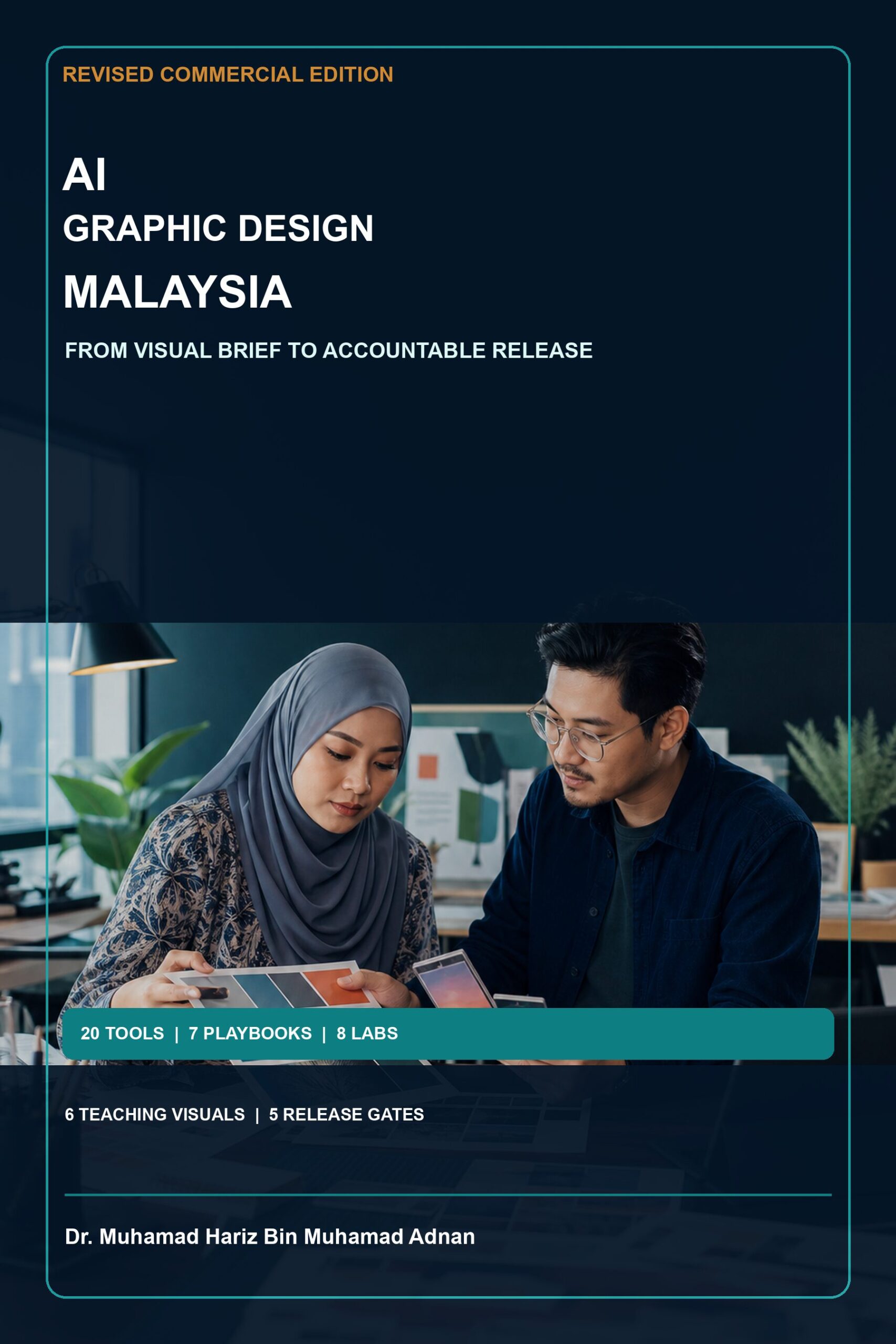 AI Graphic Design Malaysia commercial ebook cover showing two Malaysian creative professionals reviewing a visual brief and layout