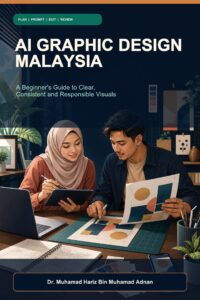 AI Graphic Design Malaysia ebook cover showing two Malaysian creators reviewing poster layouts, colour swatches and a tablet in a contemporary studio