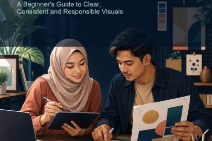 AI Graphic Design Malaysia ebook cover showing two Malaysian creators reviewing poster layouts, colour swatches and a tablet in a contemporary studio