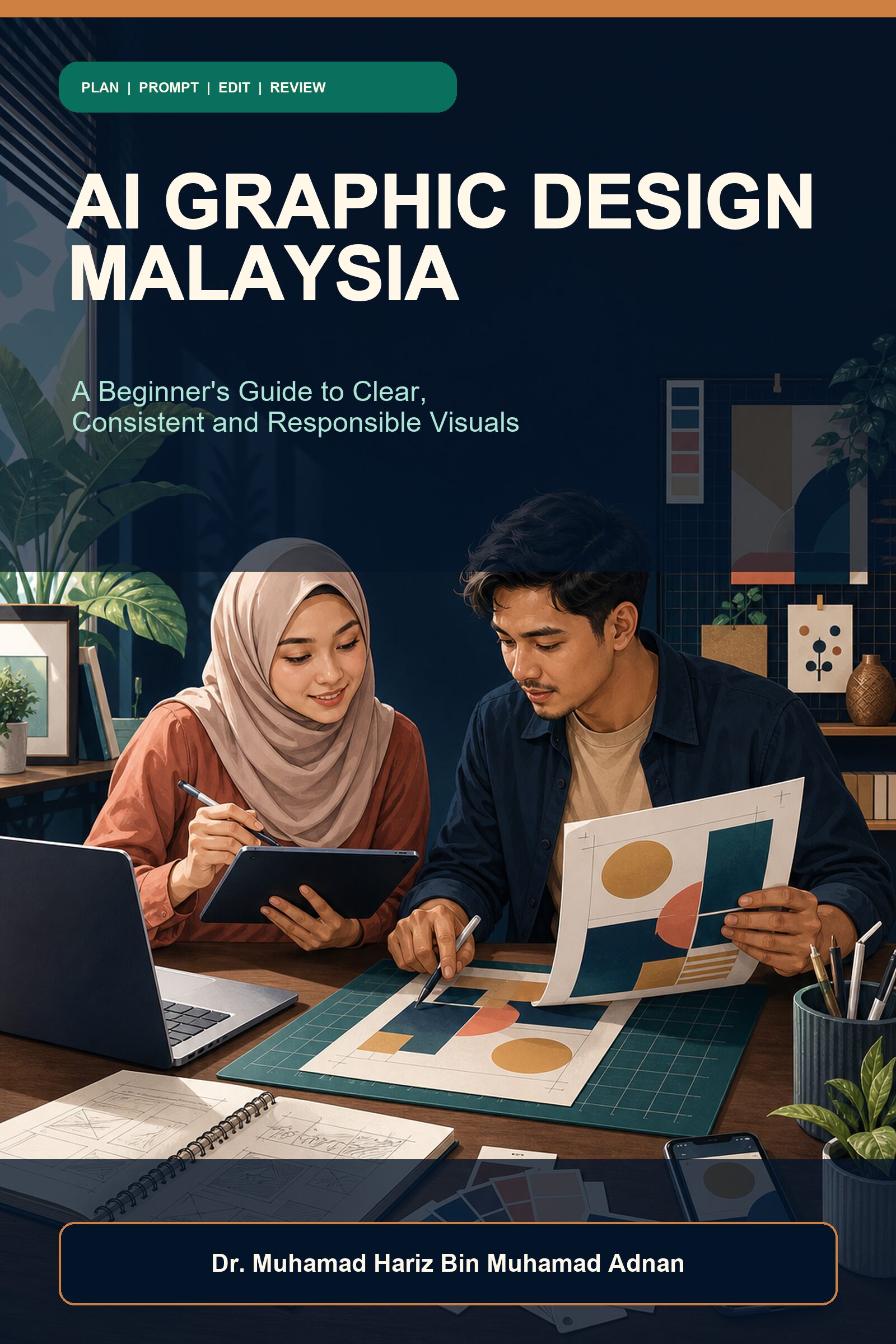 AI Graphic Design Malaysia ebook cover showing two Malaysian creators reviewing poster layouts, colour swatches and a tablet in a contemporary studio