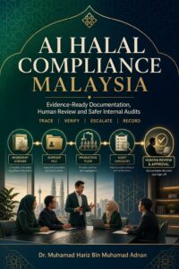 AI Halal Compliance Malaysia ebook cover showing a Malaysian halal assurance team tracing ingredient, supplier and process evidence through a human-controlled review workflow