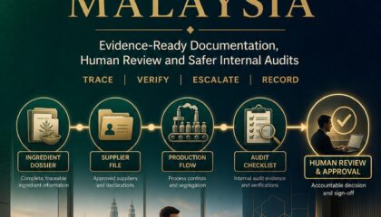 AI Halal Compliance Malaysia ebook cover showing a Malaysian halal assurance team tracing ingredient, supplier and process evidence through a human-controlled review workflow