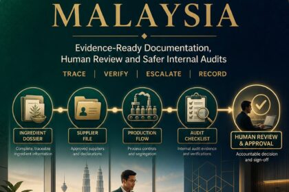 AI Halal Compliance Malaysia ebook cover showing a Malaysian halal assurance team tracing ingredient, supplier and process evidence through a human-controlled review workflow