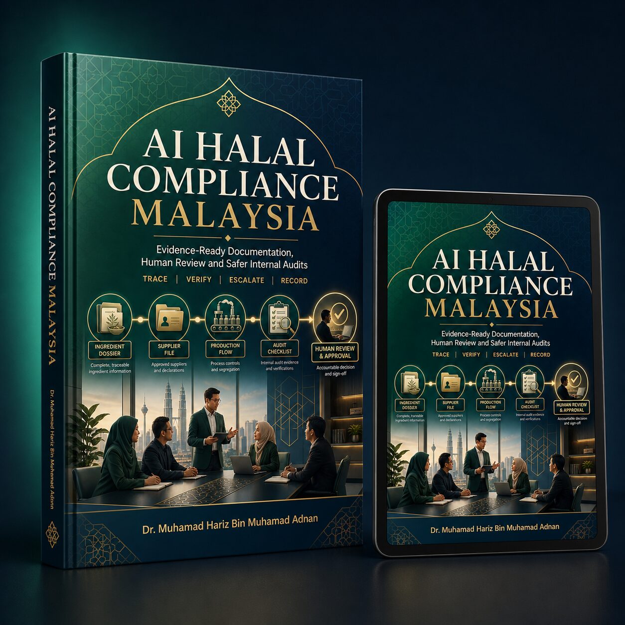 AI Halal Compliance Malaysia commercial ebook and tablet mockup featuring an evidence chain from ingredient records to human approval