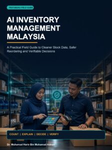 AI Inventory Management Malaysia ebook cover showing Malaysian stockroom operators, shelves, scanner and a human verification checkpoint