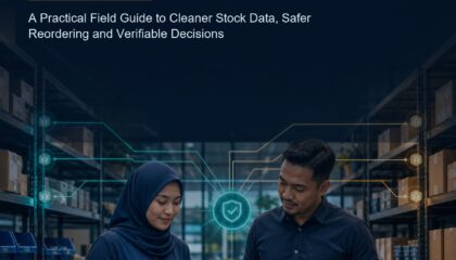 AI Inventory Management Malaysia ebook cover showing Malaysian stockroom operators, shelves, scanner and a human verification checkpoint
