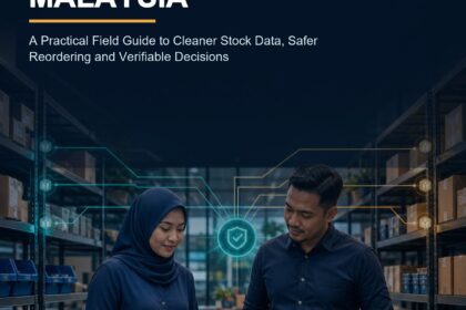 AI Inventory Management Malaysia ebook cover showing Malaysian stockroom operators, shelves, scanner and a human verification checkpoint