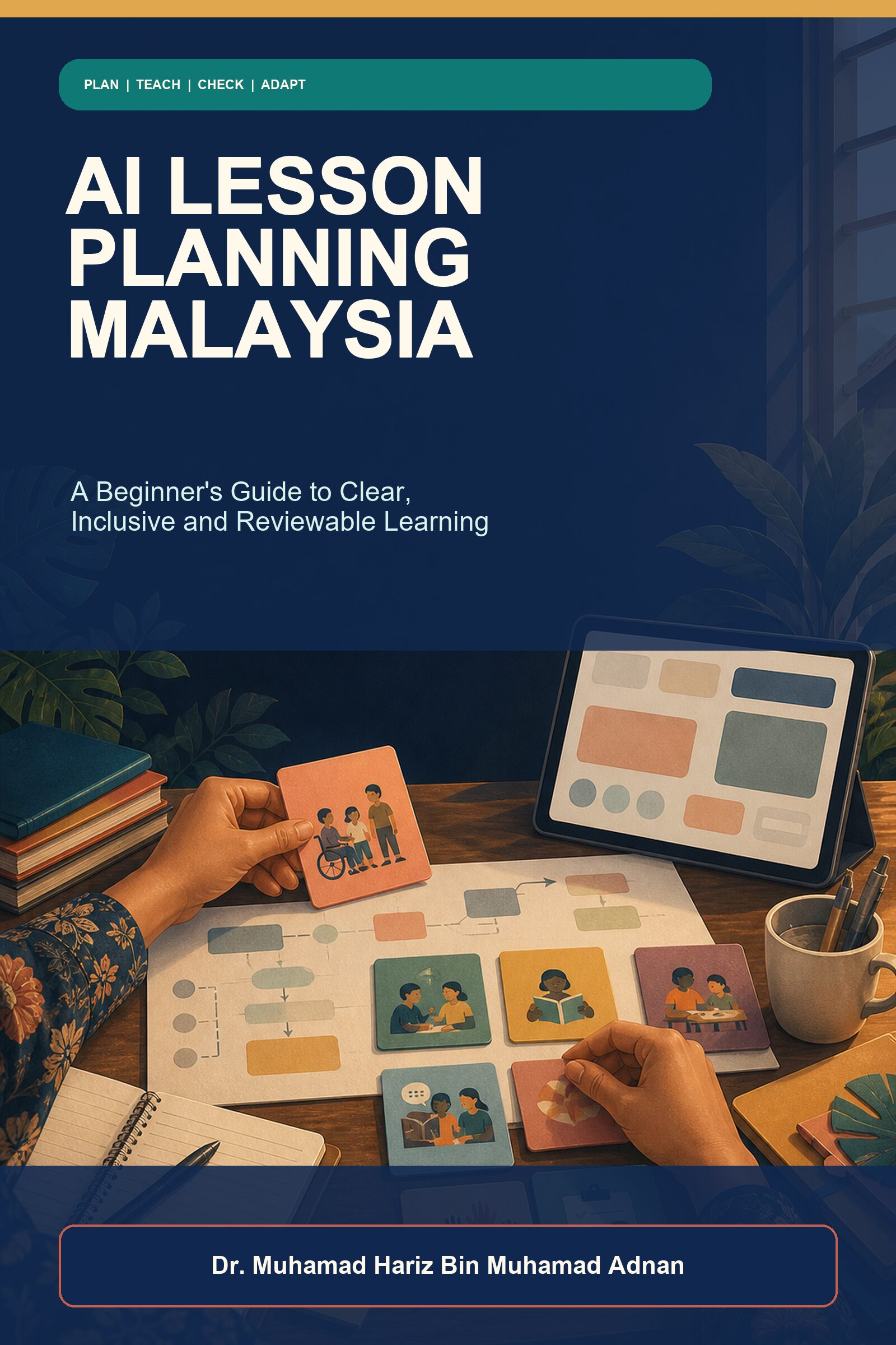 AI Lesson Planning Malaysia ebook cover showing a teacher arranging inclusive learning activities, lesson maps and review cards