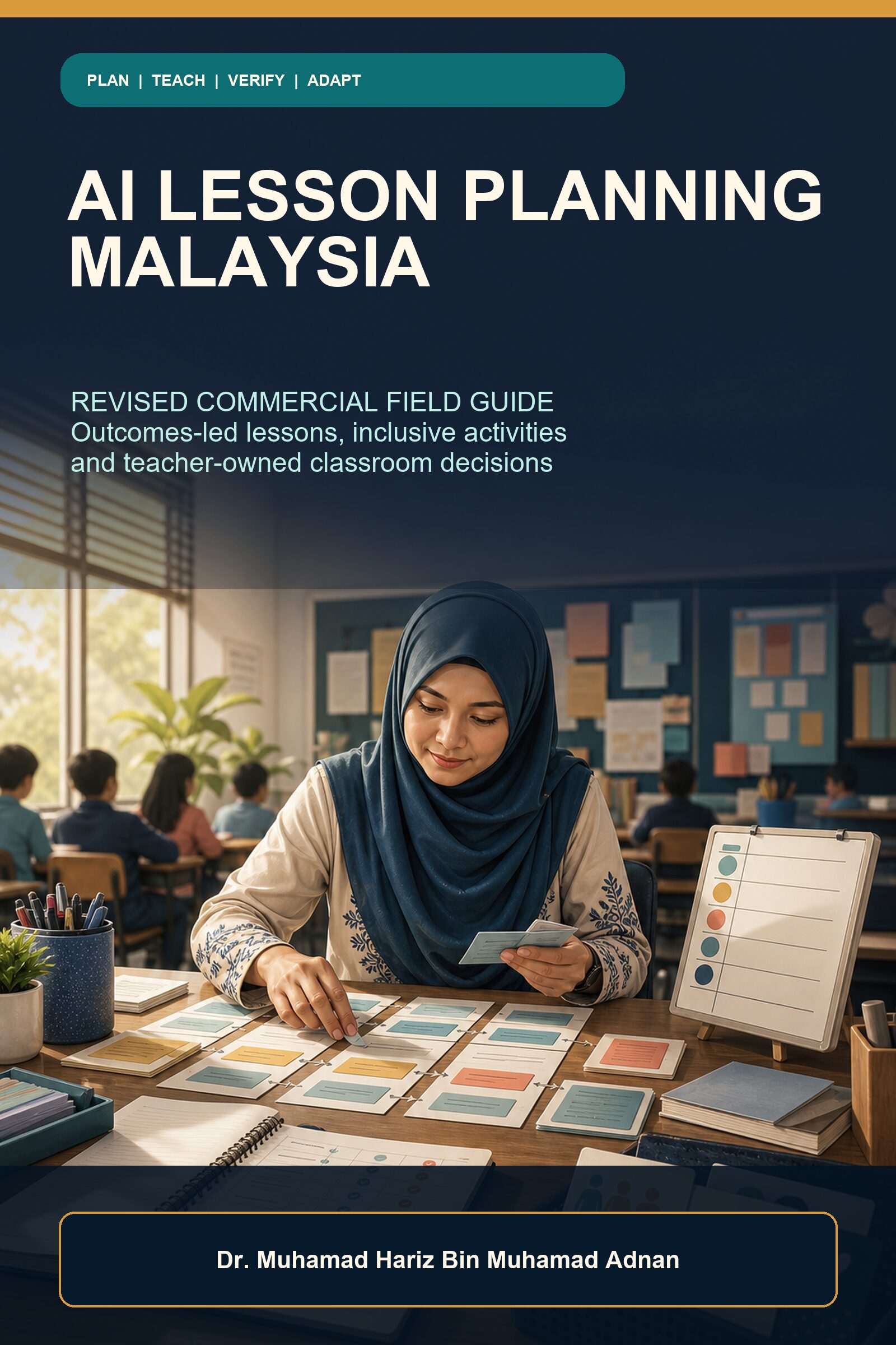 AI Lesson Planning Malaysia ebook cover showing a Malaysian teacher organising outcomes, activities and review cards