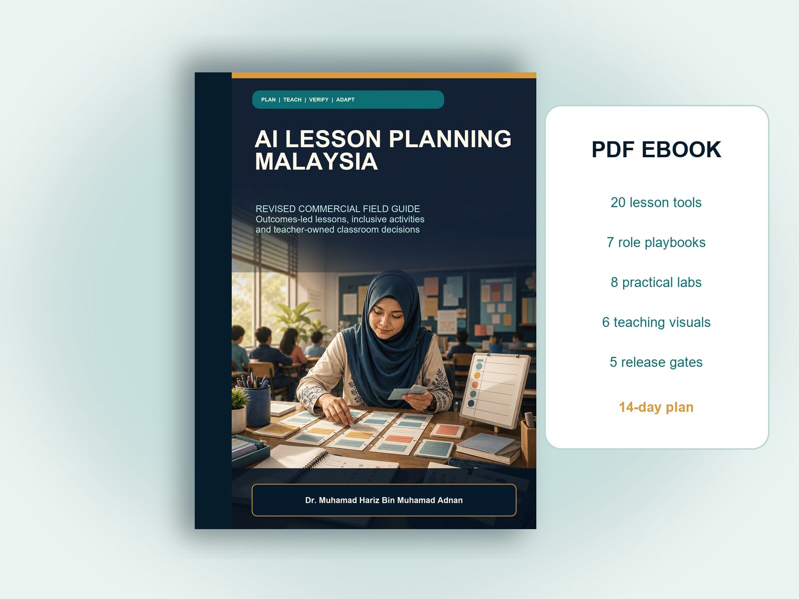 AI Lesson Planning Malaysia ebook mockup with 20 tools, seven playbooks, eight labs, six instructional visuals and five release gates