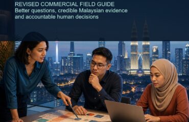AI Market Research Malaysia revised commercial cover showing three Malaysian researchers reviewing survey cards, interview evidence and charts in a Kuala Lumpur studio