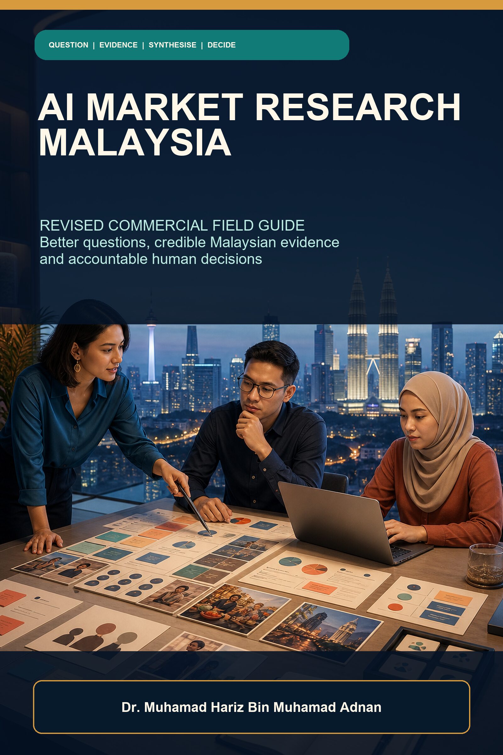 AI Market Research Malaysia revised commercial cover showing three Malaysian researchers reviewing survey cards, interview evidence and charts in a Kuala Lumpur studio