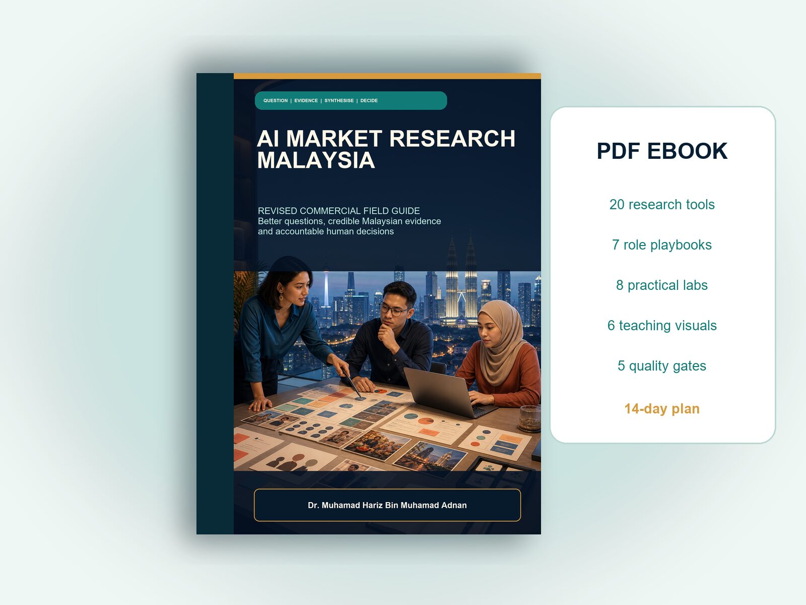 AI Market Research Malaysia ebook mockup with 20 research templates, seven role playbooks, eight labs, six instructional visuals and five quality gates