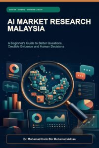 AI Market Research Malaysia ebook cover with a magnifying glass over a Malaysian evidence network, audience cards and research charts