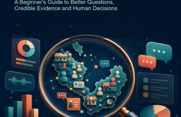 AI Market Research Malaysia ebook cover with a magnifying glass over a Malaysian evidence network, audience cards and research charts