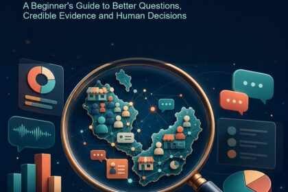 AI Market Research Malaysia ebook cover with a magnifying glass over a Malaysian evidence network, audience cards and research charts