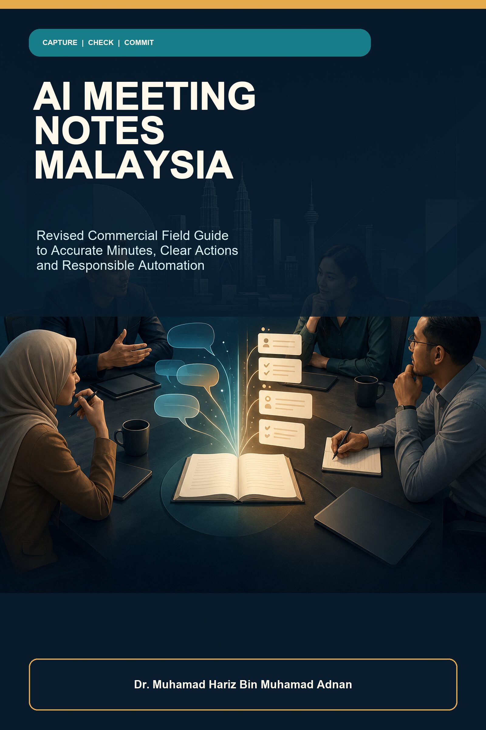 AI Meeting Notes Malaysia commercial field guide cover showing a Malaysian meeting team turning authorised discussion into reviewed decisions and actions