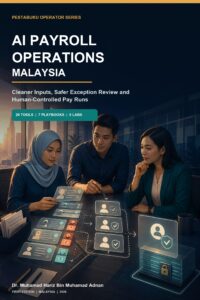 AI Payroll Operations Malaysia ebook cover showing a Malaysian payroll team reviewing protected employee records, exception flags and human approval gates