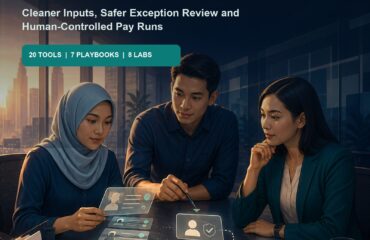 AI Payroll Operations Malaysia ebook cover AI Payroll Operations Malaysia ebook cover showing a Malaysian payroll team reviewing protected employee records, exception flags and human approval gates