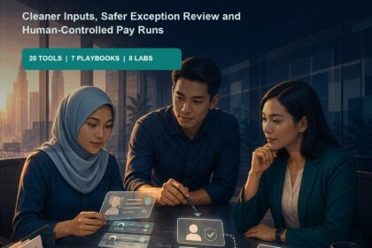 AI Payroll Operations Malaysia ebook cover showing a Malaysian payroll team reviewing protected employee records, exception flags and human approval gates