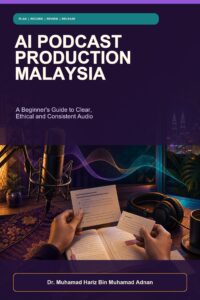 AI Podcast Production Malaysia ebook cover showing a host reviewing episode cards beside a microphone, headphones and abstract audio waves