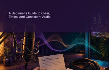 AI Podcast Production Malaysia ebook cover AI Podcast Production Malaysia ebook cover showing a host reviewing episode cards beside a microphone, headphones and abstract audio waves