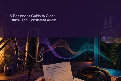 AI Podcast Production Malaysia ebook cover showing a host reviewing episode cards beside a microphone, headphones and abstract audio waves